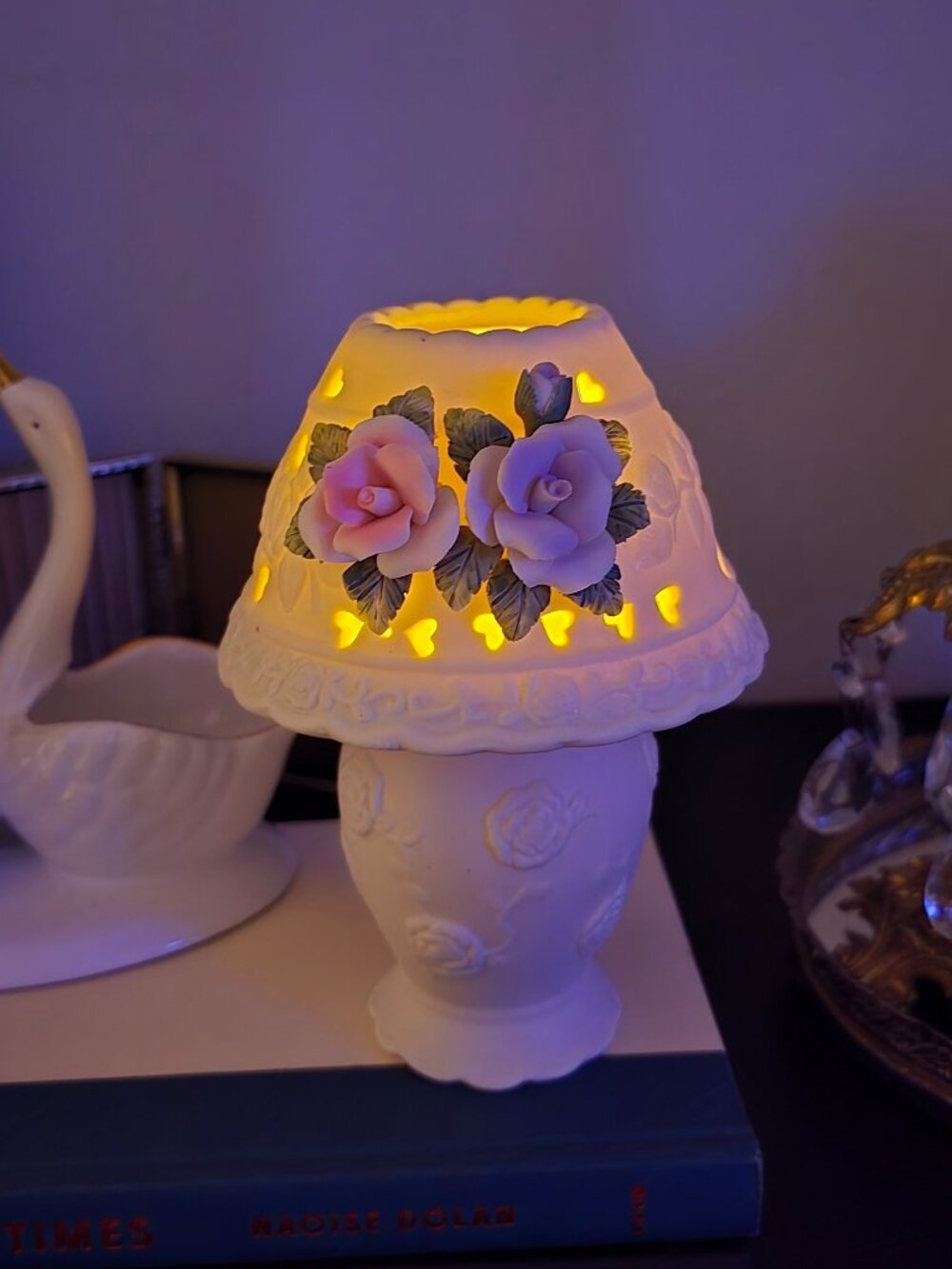 Vintage Porcelain Fairy Lamp / Tea Light Holder – 3D Roses & Heart Cutouts